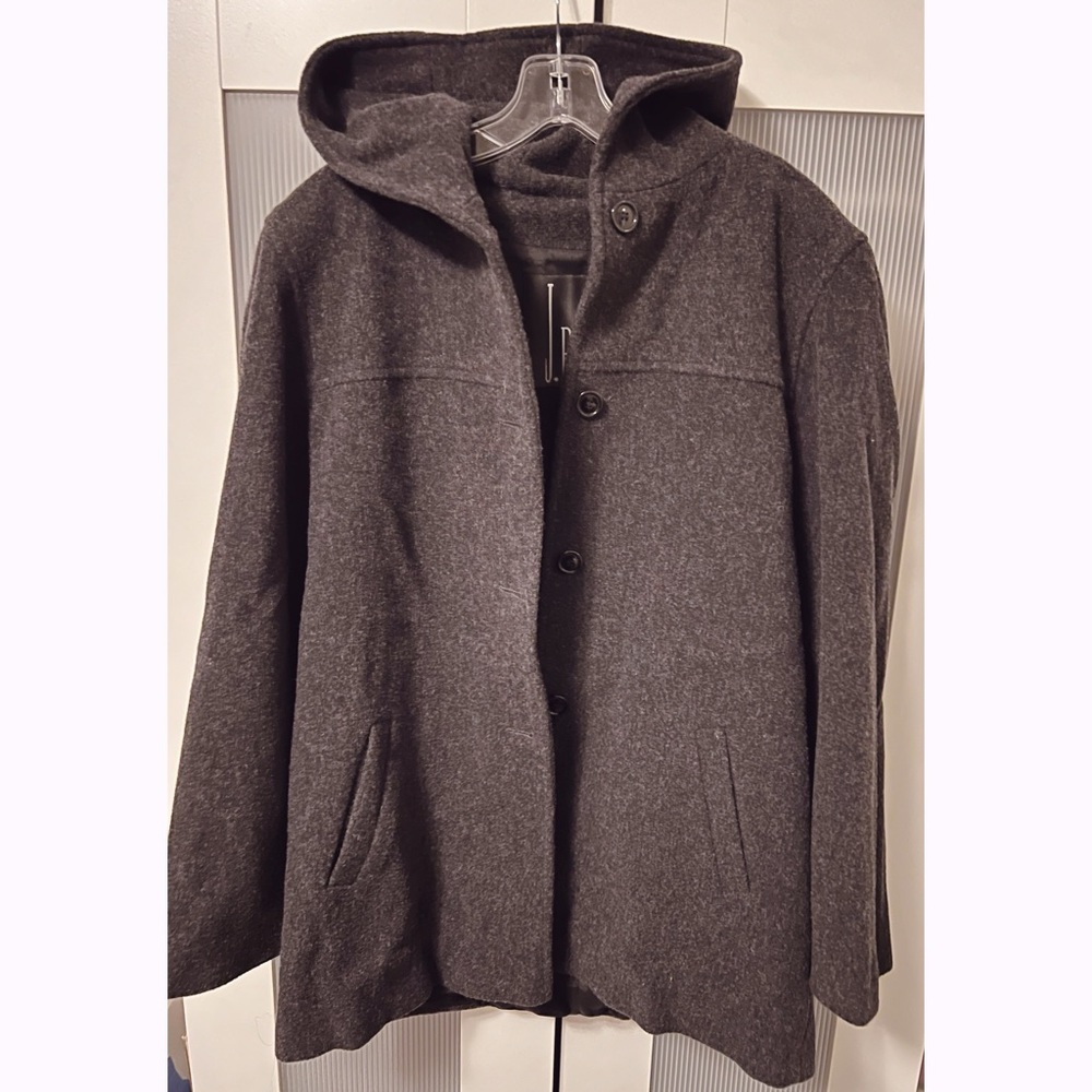 Vintage 100% Merino Wool Dark Gray Hooded Coat Jacket Y2K Size M